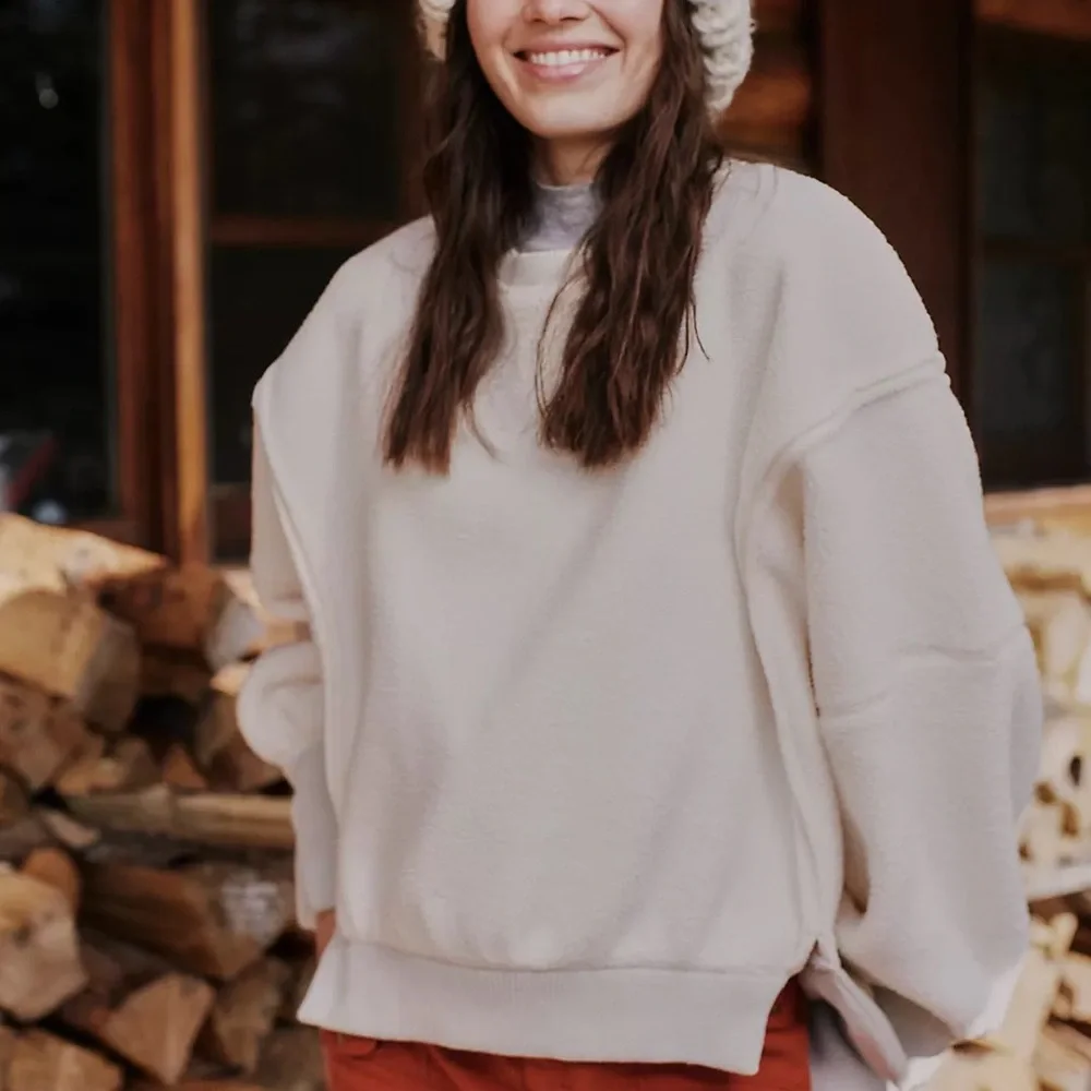 Free People Cozy Camden Cream white fuzzy sherpa sweater NWT - Picture 4 of 5